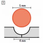 Esquema técnico mostrando la relación entre el cordón de soldadura de 5 mm y la ranura fresada de 4 mm en pisos vinílicos