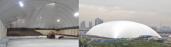 Estructuras inflables de gran tamaño construidas con lonas plásticas de PVC, utilizadas para almacenamiento y protección en entornos industriales y urbanos