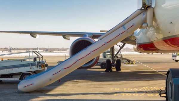 Tobogán inflable de emergencia desplegado en un avión, mostrando el uso de tejidos técnicos soldados para seguridad aeroespacial