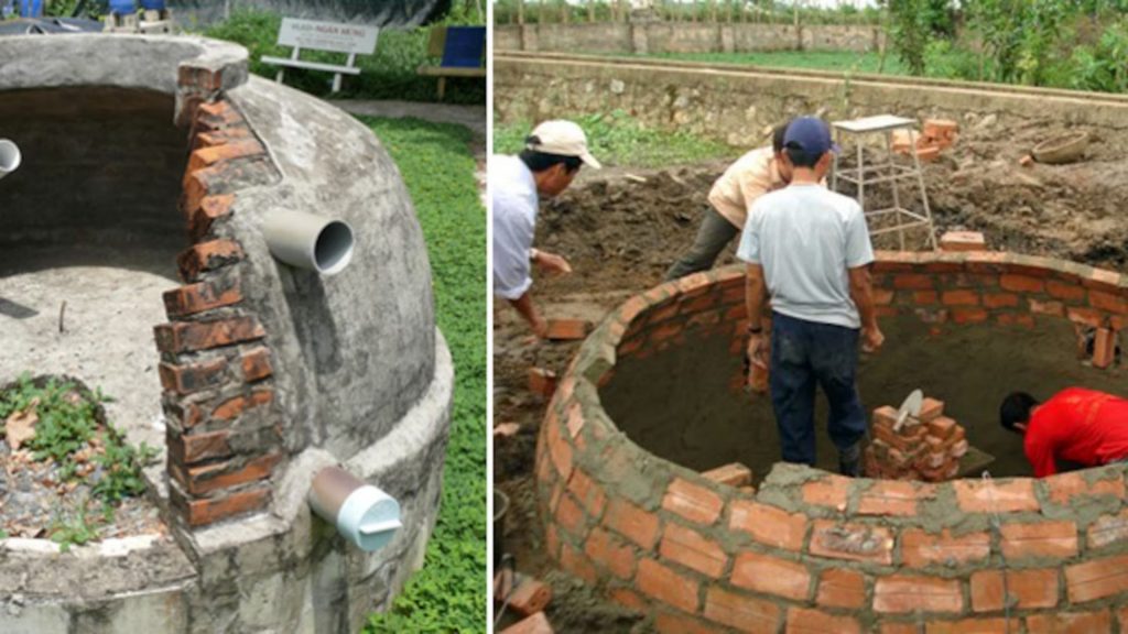 Fermentador de biogás construido con geomembrana de PEAD soldada, instalado en zona agrícola vietnamita