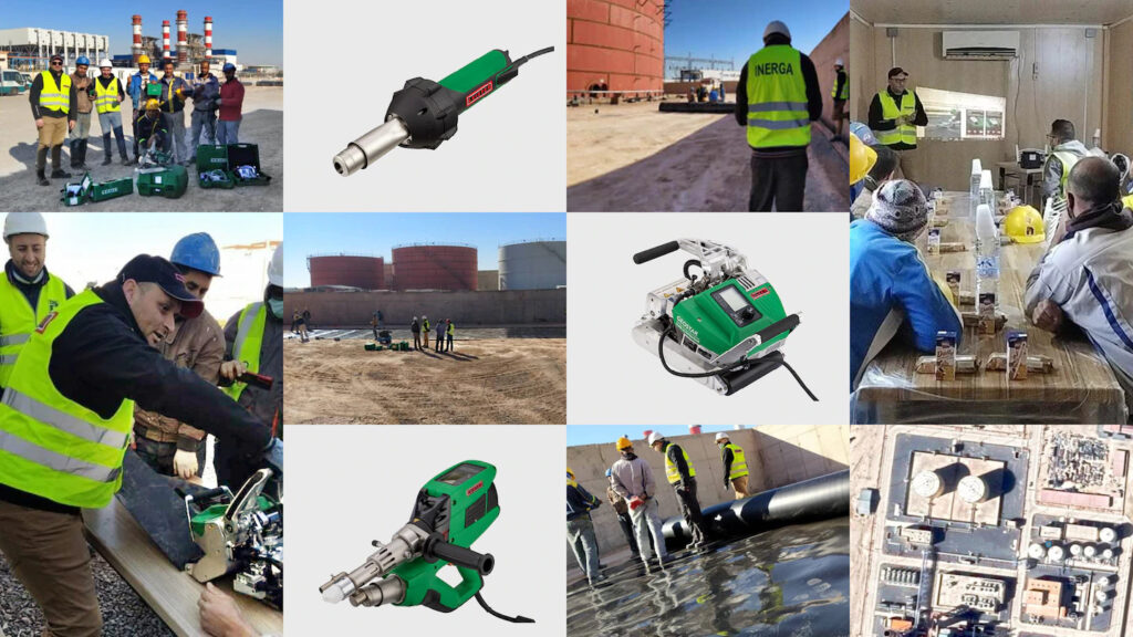 écnicos de Inerga trabajan con herramientas Leister en la planta de energía cerca de Biskra, Argelia, utilizando equipos de soldadura HDPE como GEOSTAR G5, TRIAC ST y WELDPLAST S1