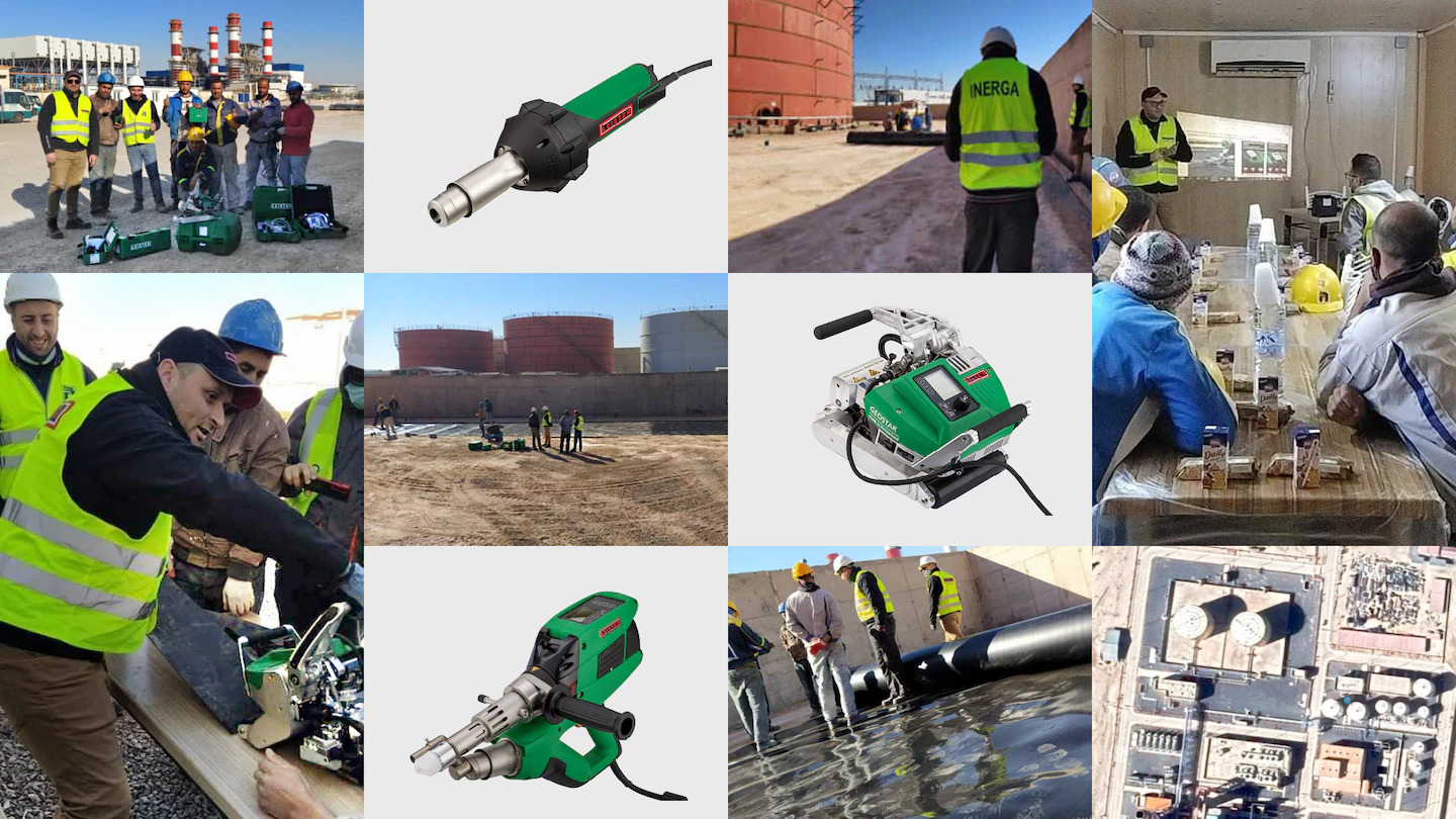 écnicos de Inerga trabajan con herramientas Leister en la planta de energía cerca de Biskra, Argelia, utilizando equipos de soldadura HDPE como GEOSTAR G5, TRIAC ST y WELDPLAST S1