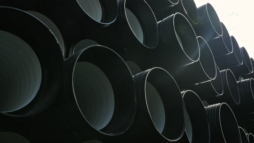 Acopio de tuberías corrugadas de gran diámetro en PEAD, listas para instalación y soldadura con equipos Leister