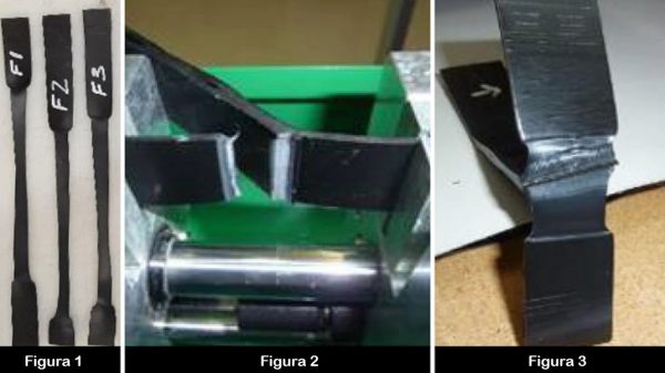 Muestras de PEAD sometidas a pruebas de tensión: figura 1 con señales de estiramiento, figura 2 con rotura fuera de la soldadura y figura 3 con estiramiento dentro del punto ideal de soldadura