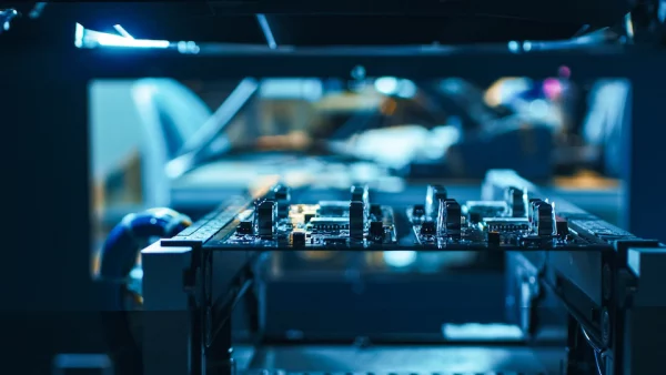 Placa electrónica en proceso de fabricación, donde generadores de aire caliente garantizan control térmico preciso