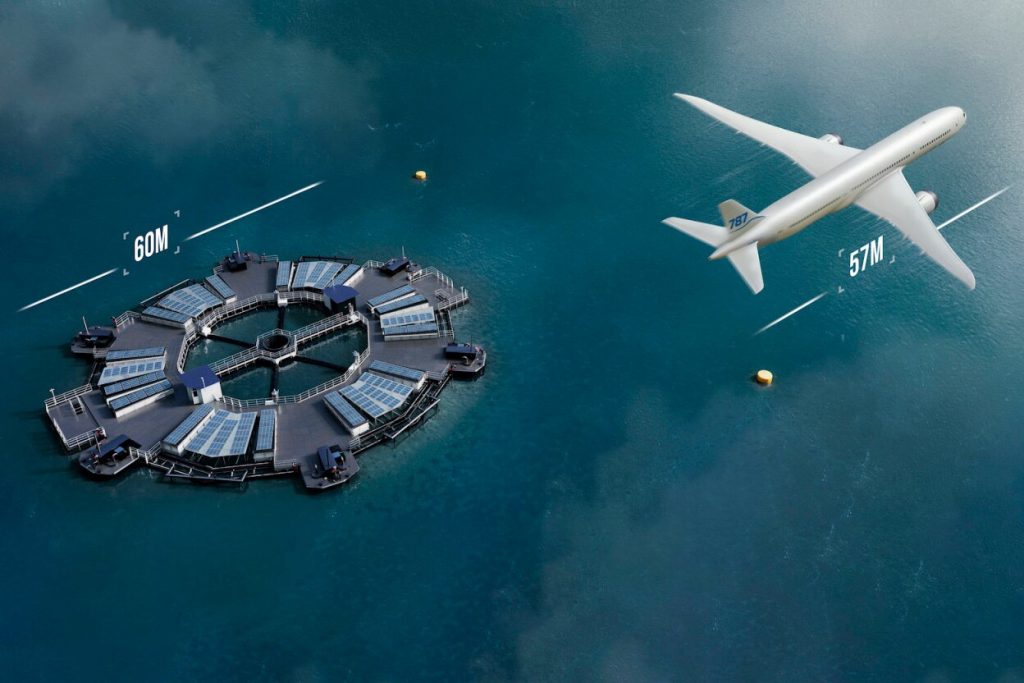 Comparación del tamaño del Marine Donut con un avión comercial Boeing 787, destacando su gran escala y diseño circular con paneles solares integrados