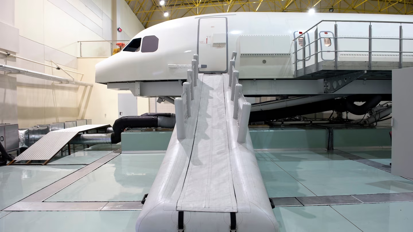 Sistema de evacuación de emergencia de un avión con rampa inflable fabricada con tejidos técnicos soldados con Leister para garantizar estanqueidad y máxima seguridad