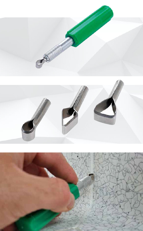 Formón de acabado Leister con mango EXATO, ideal para eliminar rebabas de soldadura en esquinas internas y externas