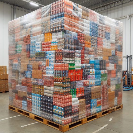 Palet con mercaderías voluminosas envuelto con film termoencogible, aplicación típica realizada con aire caliente Leister FORTE S3