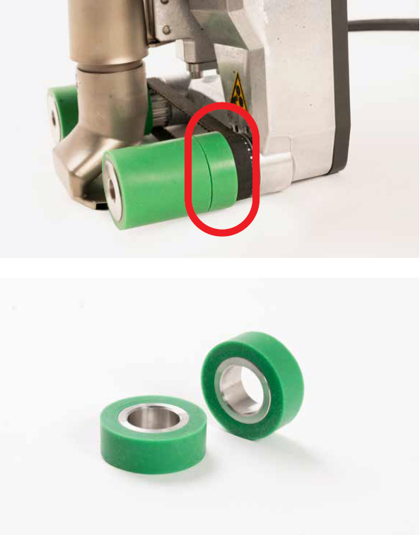 Nuevo rodillo adicional de la soldadora automática Leister UNIDRIVE 500, que proporciona mayor estabilidad y presión uniforme durante la soldadura
