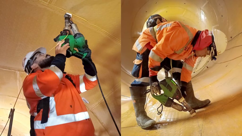 Soldador realizando soldadura por extrusión de PEAD en túnel de aguas residuales utilizando extrusora LEISTER WELDPLAST durante el proyecto Central Interceptor en Nueva Zelanda