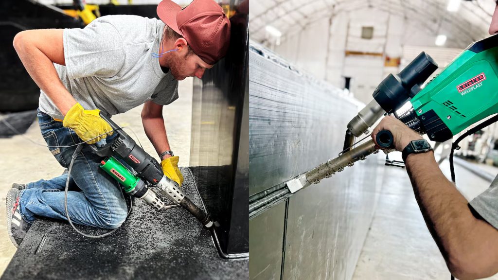 Soldadura de chapas de PEAD reciclado en proceso industrial utilizando extrusoras Leister para fabricación de productos plásticos sostenibles