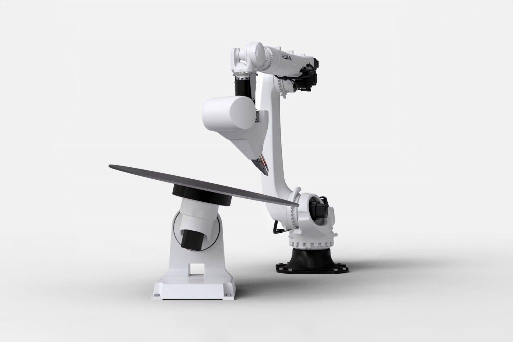 robot KUKA trabajando en impresión 3D de fibra continua, con integración de calentadores Leister LE MINI para la deposición