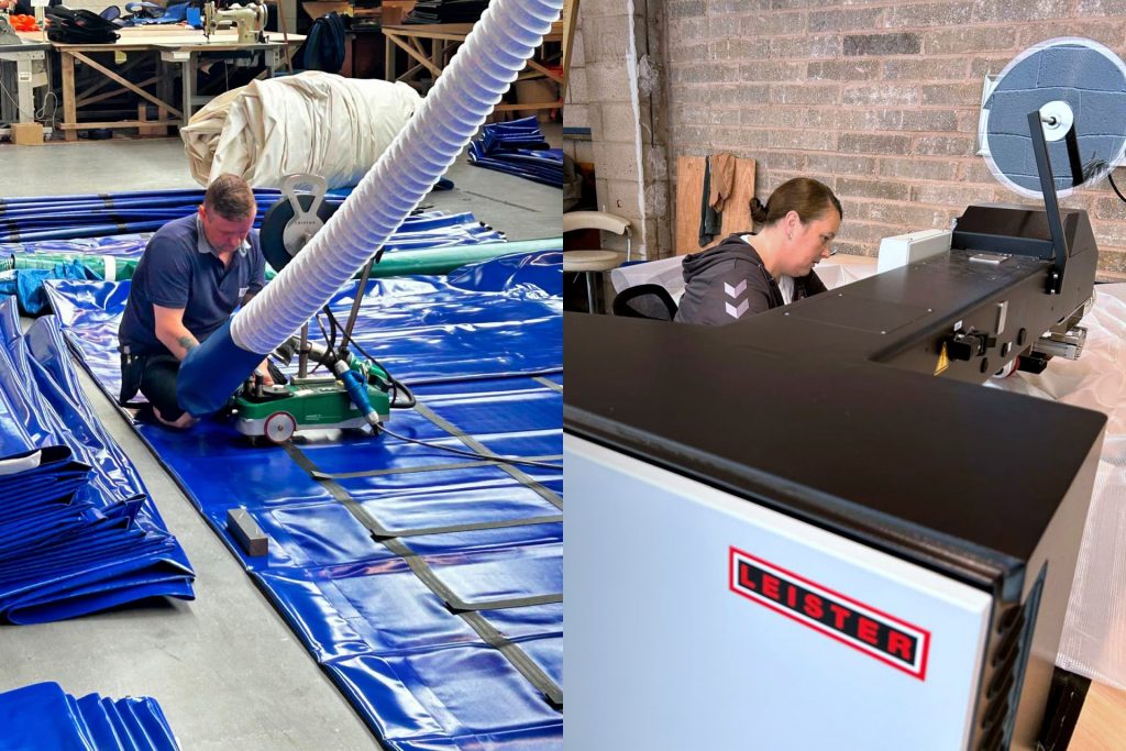 Producción combinada con Leister VARIANT T1 y Leister SEAMTEK W-900 AT para soldar lonas, redes y cortinas tensionadas con uniones impermeables y consistentes