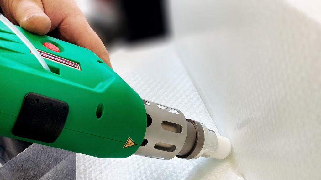 Extrusora de soldadura de plástico Leister en uso, aplicando calor y soldando una junta en panel plástico