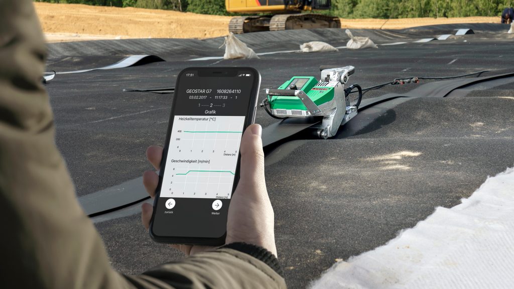 Aplicación Leister LQS en celular para registrar y monitorear parámetros de soldadura de geomembranas
