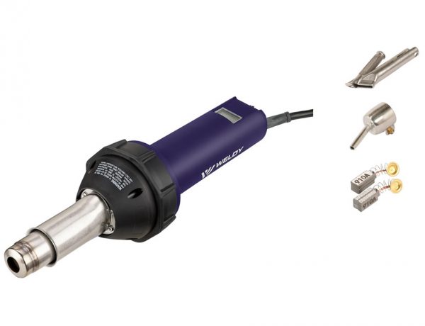 Soplador de aire caliente Weldy ENERGY HT1600D con accesorios del Kit Chapas: boquillas para soldadura, adaptadores y escobillas de carbón de repuesto