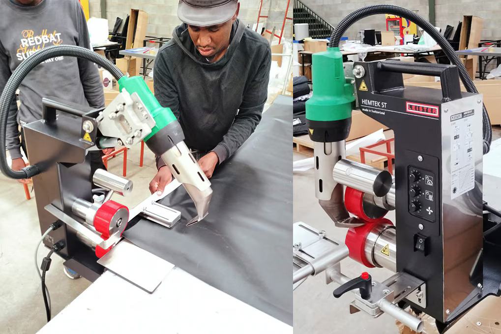 Operario trabajando el dobladillado de lona con la máquina Leister HEMTEK ST en un entorno de producción, garantizando acabado profesional y consistente