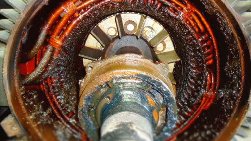Vista interna de estator/generador con bobinados afectados por humedad y corrosión, caso de riesgo eléctrico mitigable con sistemas de secado Leister