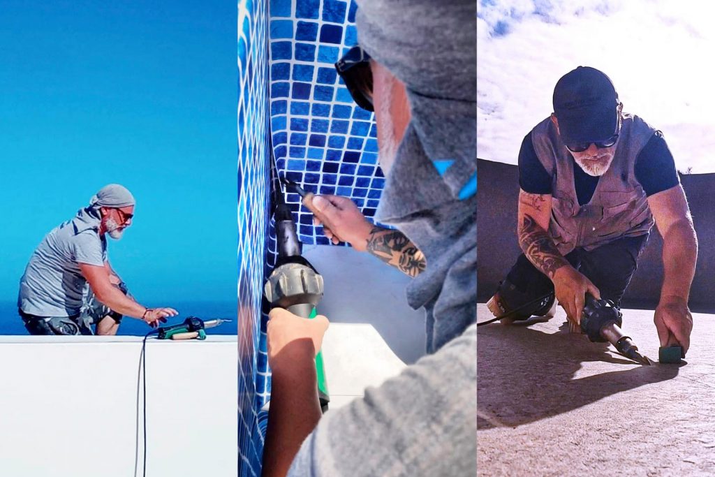 El especialista Antonio Delle Noci en el lugar de trabajo, sosteniendo su herramienta de confianza, el Leister TRIAC ST, utilizada para la instalación de la membrana