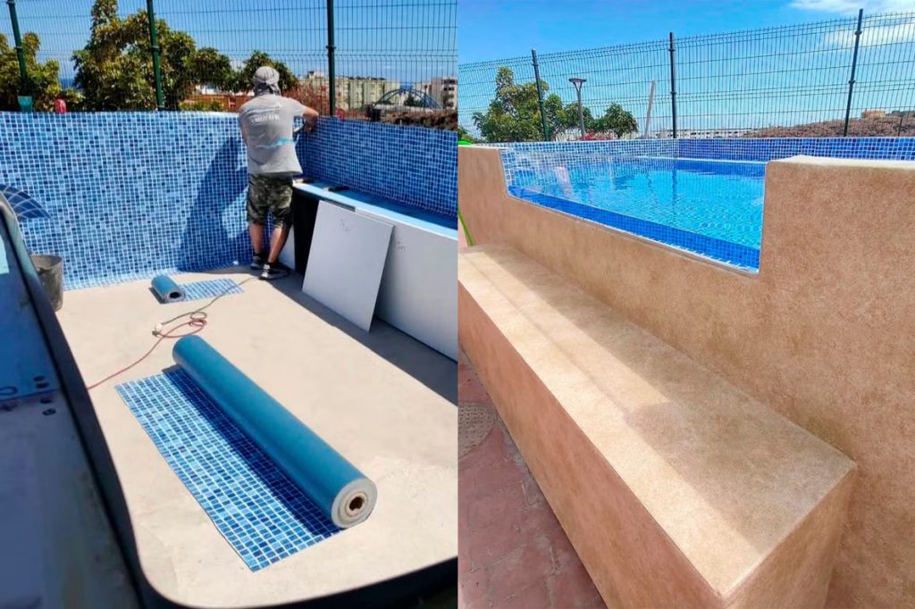 soldadura por solape en el suelo de la piscina, garantizando la estanqueidad con la pistola de aire caliente Leister TRIAC ST
