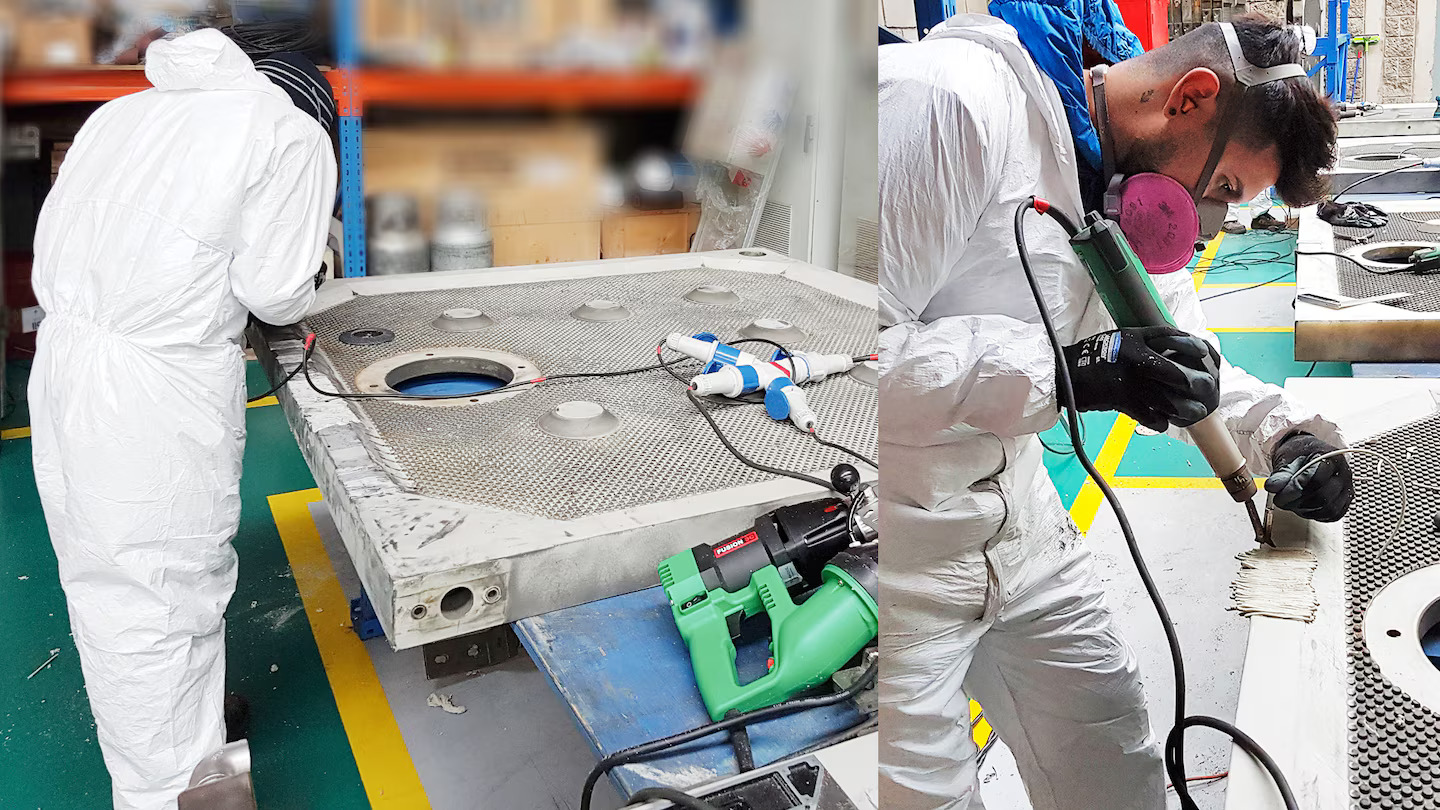 Detalle de una placa de filtro de polipropileno dañada, mostrando el tipo de fisura que puede ser reparada de forma eficiente utilizando una extrusora manual Leister.