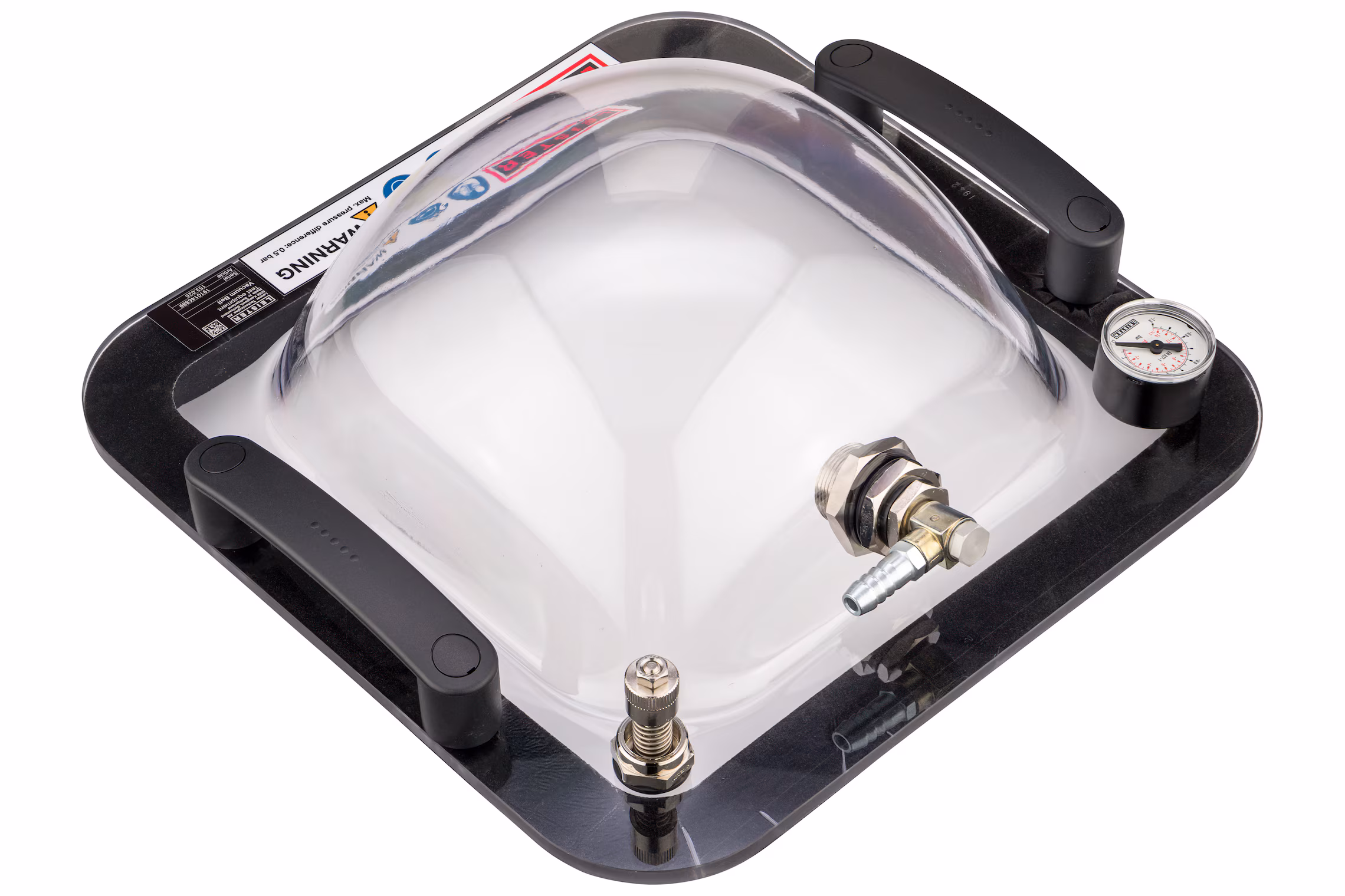 Leister CAJA DE VACIO REDONDA posicionada en cruce de soldadura por extrusion para detectar fugas