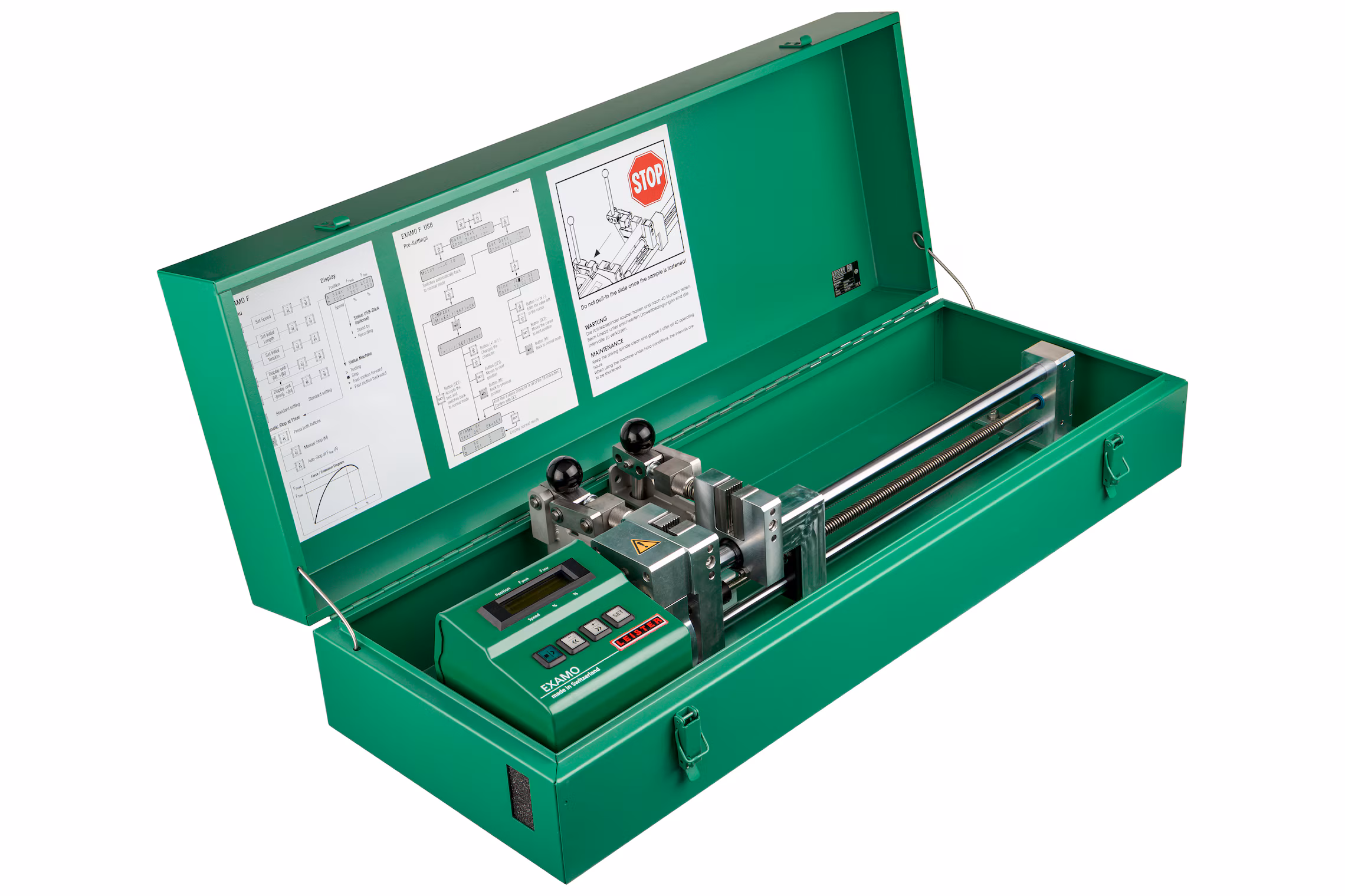 Leister EXAMO USB, tensiómetro de banco en caja metálica para ensayos de costura en geomembranas